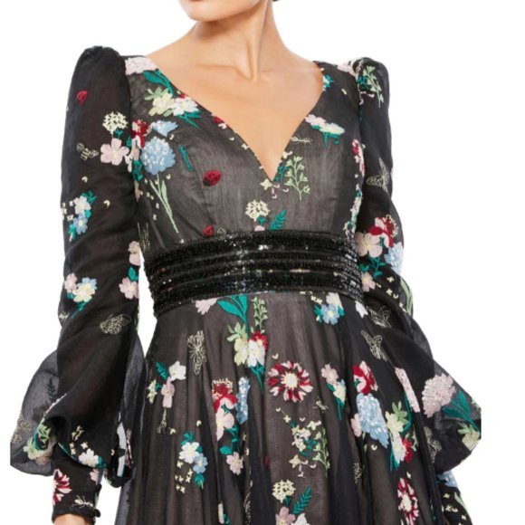MAC DUGGAL 79361 EMBROIDERED BISHOP SLEEVE V-NECK FLOWY BLACK FLORAL GOWN 14 - Picture 2 of 3